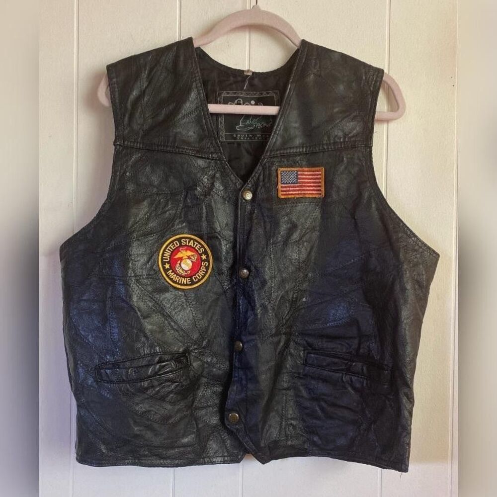 South West Territory Vest Men's 44 Black Leather Moto Biker Marine USA Patriotic